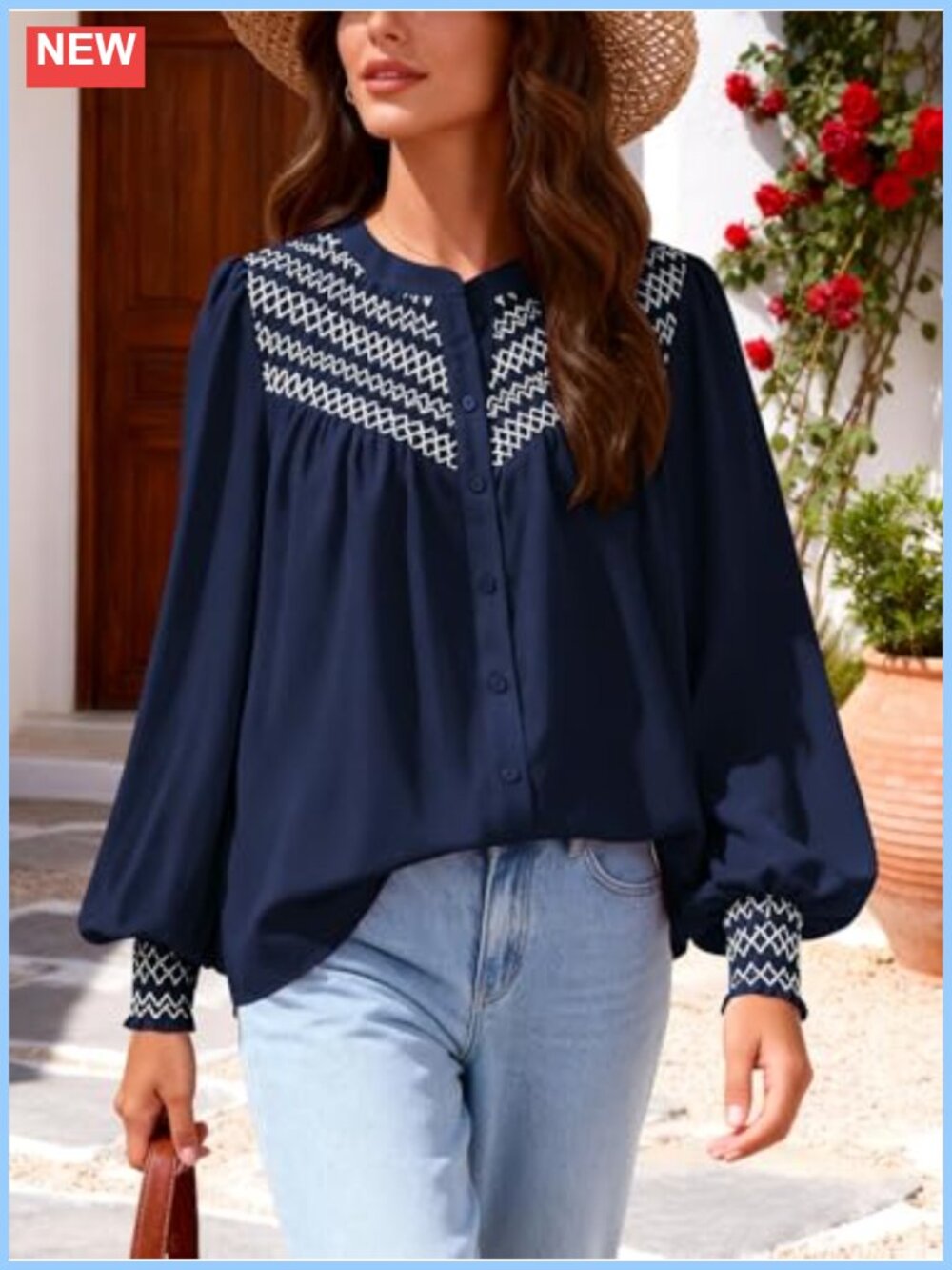 Long Sleeve Button Down Blouse Smocked Front Cuffs - Picture 5 of 6
